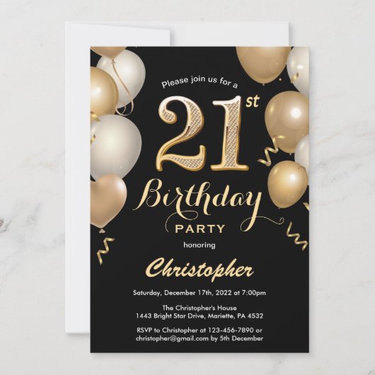 Invitation 21e anniversaire Ballons Noir et Or Confetti (Devant)