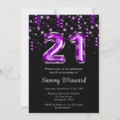 Invitation 21e Anniversaire Ballons pourpres Snowflake Confet (Devant)