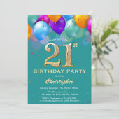 Invitation 21e anniversaire Ballons Turquoises et dorés (Debout devant)