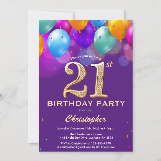 Invitation 21e anniversaire Ballons violets et dorés (Devant)