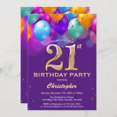 Invitation 21e anniversaire Ballons violets et dorés (Devant / Derrière)