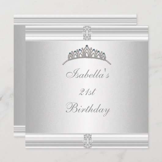 Invitation 21e Anniversaire Bijou Tiara Argent Blanc (Devant / Derrière)