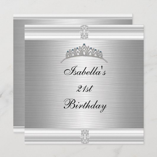 Invitation 21e Anniversaire Bijou Tiara Argent & Blanc (Devant / Derrière)