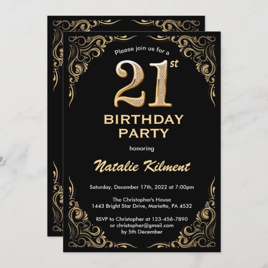 Invitation 21e anniversaire Black and Gold Parties scintillan (Devant / Derrière)