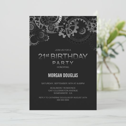Invitation 21e Anniversaire Black Argent Steampunk Watch Gear (Debout devant)