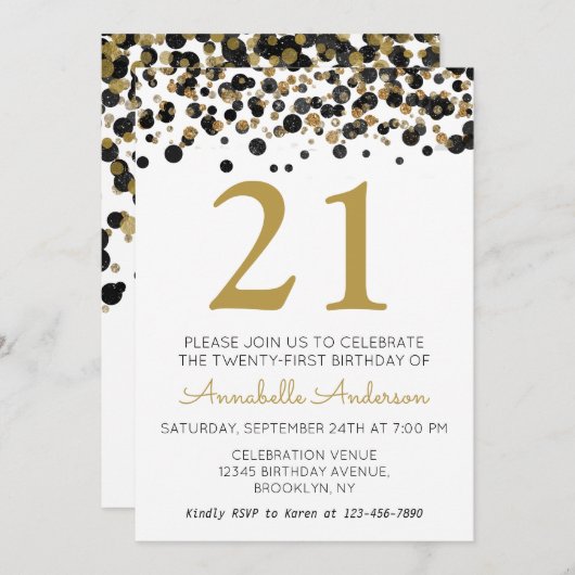 Invitation 21e anniversaire Black Gold Parties scintillant Sp (Devant / Derrière)