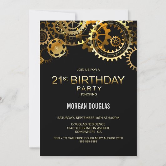 Invitation 21e Anniversaire Black Gold Steampunk Watch Gears (Devant)