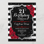 Invitation 21e anniversaire Black White Stripes Ro<br><div class="desc">21e Invitation Anniversaire Design noir blanc et rouge élégant avec fausse parties scintillant. Bandes noires et blanches avec roses rouges. Parfait pour une soirée d'anniversaire élégante.</div>