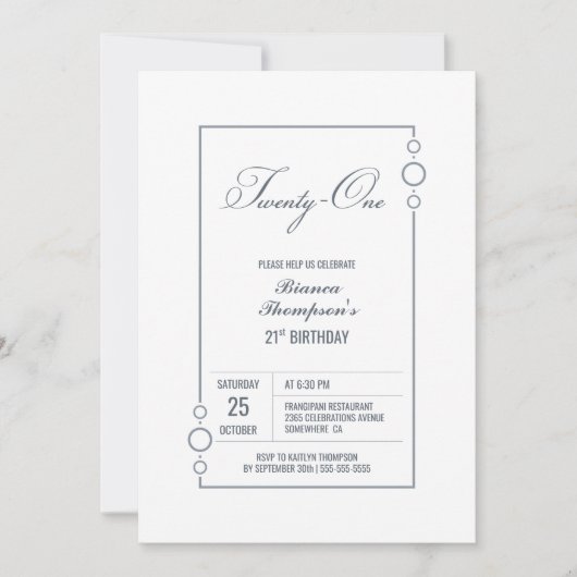 Invitation 21e anniversaire Blanc avec Gris Frame Party (Devant)