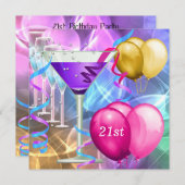 Invitation 21e Anniversaire Blanc rose violet Martini Ballons (Devant / Derrière)