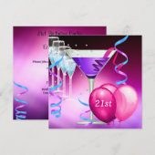 Invitation 21e Anniversaire Blanc rose violet Martini Ballons (Devant / Derrière)