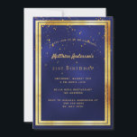 Invitation 21e anniversaire bleu confetti arroser<br><div class="desc">Une carte d'invitation branchée et moderne de 21e anniversaire pour hommes, hommes, hommes. Un arrière - plan bleu foncé, bleu marine. La couleur bleue est inégale. Avec un cadre en faux or et des confettis dorés saupoudrés, des lettres de couleur dorée. Modèles pour vos informations de fête. Dos : arrière...</div>