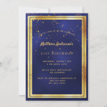 Invitation 21e anniversaire bleu confetti arroser<br><div class="desc">Une carte d'invitation branchée et moderne de 21e anniversaire pour hommes, hommes, hommes. Un arrière - plan bleu foncé, bleu marine. La couleur bleue est inégale. Avec un cadre en faux or et des confettis dorés saupoudrés, des lettres de couleur dorée. Modèles pour vos informations de fête. Dos : arrière...</div>