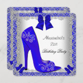 Invitation 21e Anniversaire Bleu Haut talon Chaussure Argent (Devant / Derrière)