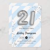Invitation 21e anniversaire - Bleus et Ballons d'argent (Devant / Derrière)