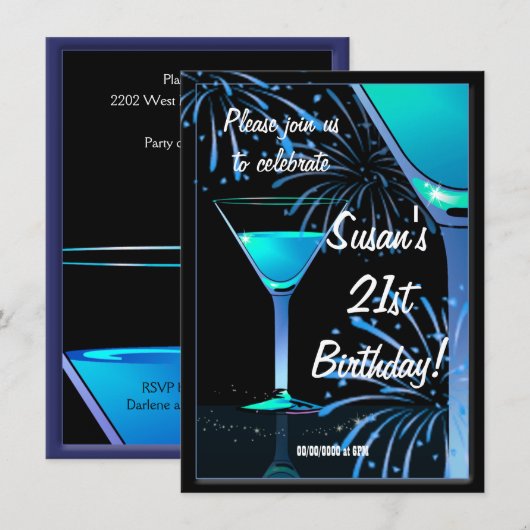 Invitation 21e anniversaire Blue Martini Cocktail Party (Devant / Derrière)