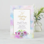 Invitation 21e Anniversaire Blue Rose Floral Gold Pastel Bord (Debout devant)