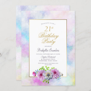 Invitation 21e Anniversaire Blue Rose Floral Gold Pastel Bord
