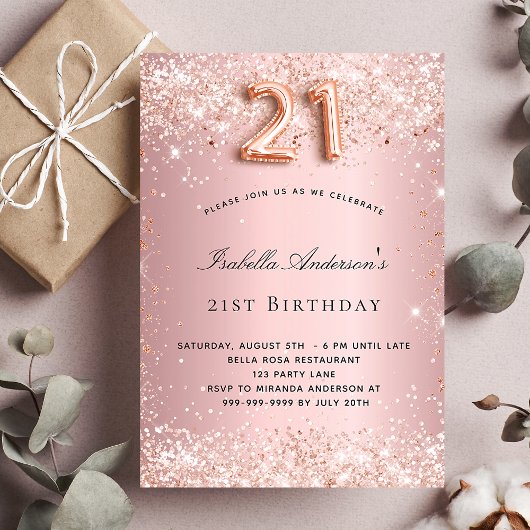 Invitation 21e anniversaire blush rose rose or glamour