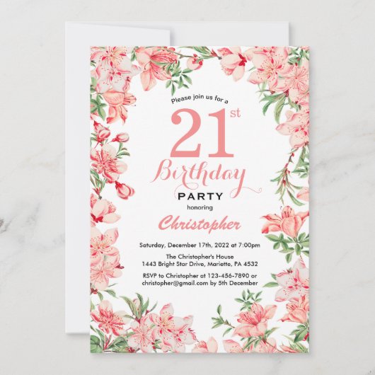 Invitation 21e anniversaire Boho rose fleurs botaniques flora (Devant)