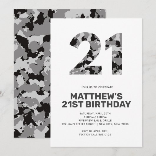 Invitation 21E Anniversaire, Camo gris Personnalisé (Devant / Derrière)