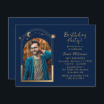 Invitation 21e Anniversaire Céleste Photo Blue Gold Moon<br><div class="desc">21e Anniversaire Fête Vingt et unième Photo Celestiale Bleu Or Soleil Lune Étoiles Invitations Invitations présente le soleil, la lune et les étoiles avec un cadre doré sur un arrière - plan bleu marine foncé. Personnalisez en modifiant le texte dans les zones de texte fournies et en ajoutant votre photo...</div>
