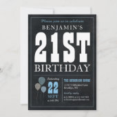 Invitation 21e Anniversaire Chalkboard Blue Balloon Rustic Ch (Devant)