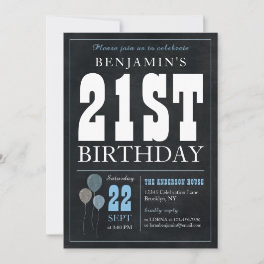 Invitation 21e Anniversaire Chalkboard Blue Balloon Rustic Ch (Devant)