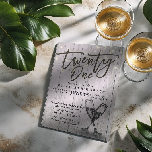 Invitation 21e Anniversaire Champagne Lunettes de bois Lumièr