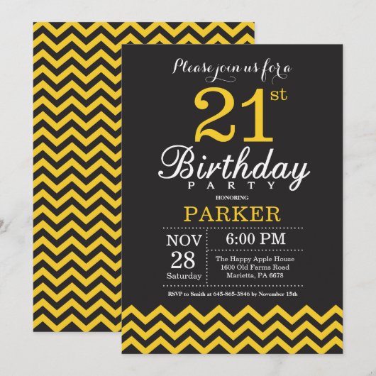 Invitation 21e anniversaire Chevron noir et jaune (Devant / Derrière)