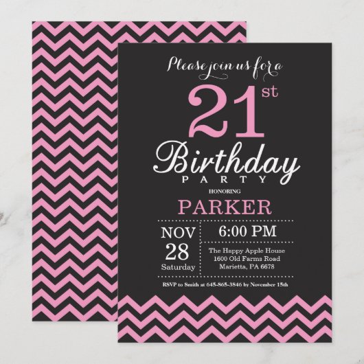 Invitation 21e anniversaire Chevron noir et rose (Devant / Derrière)