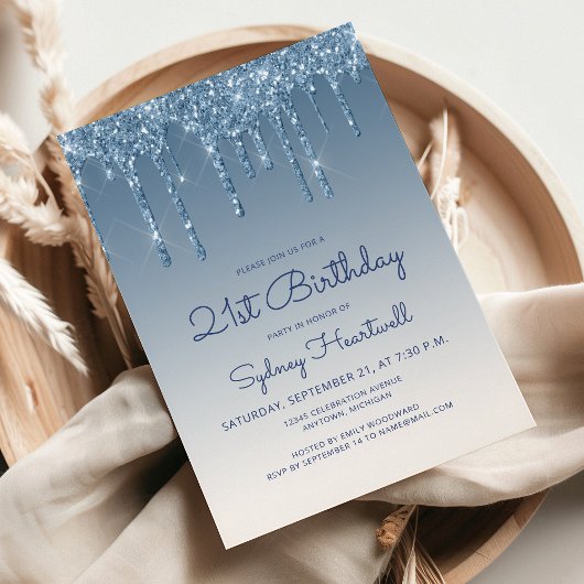 Invitation 21e anniversaire Chic Glitter Drip Bleu