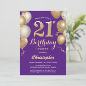 Invitation 21e anniversaire Confetti de ballons violet et or (Debout devant)