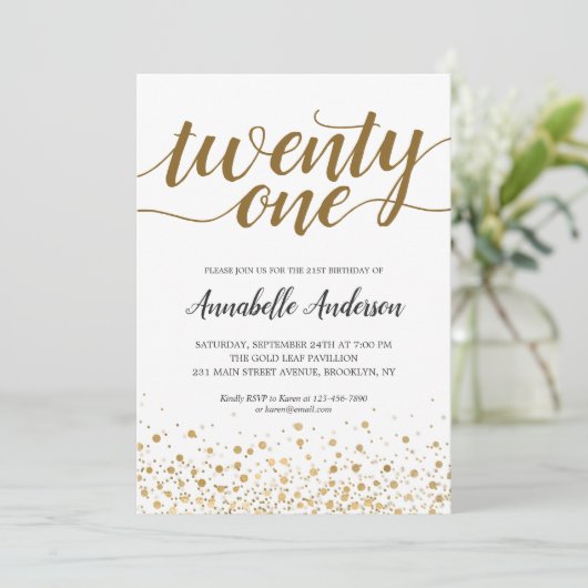 Invitation 21e Anniversaire Confetti d'or moderne Script (Debout devant)