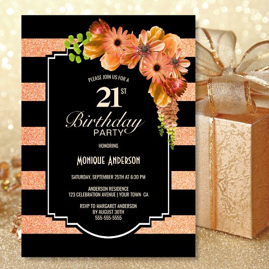 Invitation 21e anniversaire Corail rayé noir Fête florale