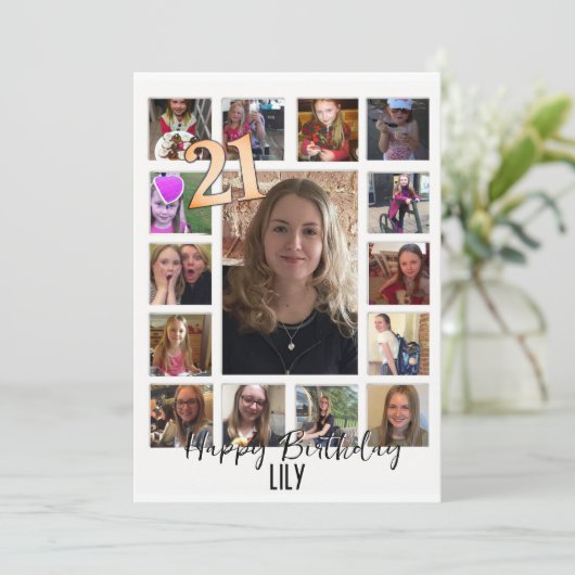 Invitation 21e Anniversaire crème bleu fleur amande (Debout devant)