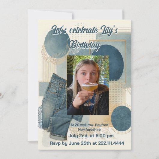 Invitation 21e Anniversaire crème bleu fleur amande (Dos)