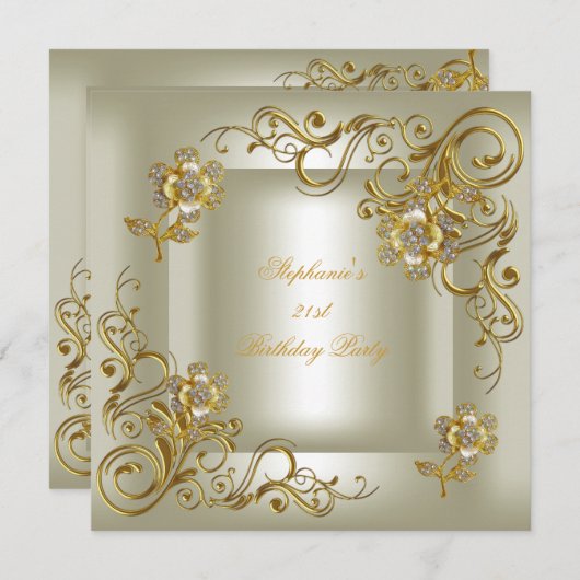 Invitation 21e Anniversaire Crème de fête Diamant Or (Devant / Derrière)