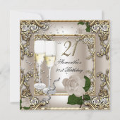 Invitation 21e Anniversaire Crème Rose Or Argent (Devant)