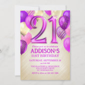 Invitation 21e Anniversaire de ballons roses (Devant)