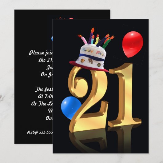 Invitation 21e anniversaire de fête (Devant / Derrière)