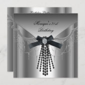 Invitation 21e anniversaire de fête Argent noir diamant Bow (Devant / Derrière)