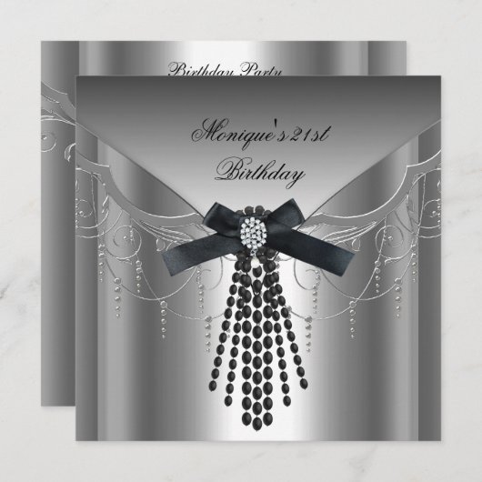 Invitation 21e anniversaire de fête Argent noir diamant Bow (Devant / Derrière)