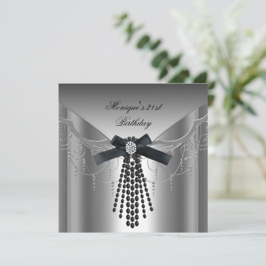 Invitation 21e anniversaire de fête Argent noir diamant Bow (Debout devant)