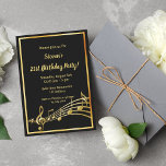 Invitation 21e anniversaire de fête musique noir et or notes<br><div class="desc">Faisons la fête et dansons ! Une carte d'invitation branchée et moderne 21ème anniversaire pour hommes et femmes. Un arrière - plan noir classique,  avec cadre faux or et notes de musique,  lettres dorées. Modèles pour vos informations de fête. Retour : Noir couleur fausse note de musique or.</div>