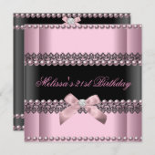 Invitation 21e Anniversaire de fête Pink Black Lace Pearl (Devant / Derrière)