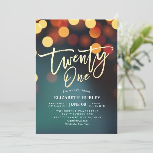 Invitation 21e Anniversaire de fête Turquoise or Bokeh String (Debout devant)