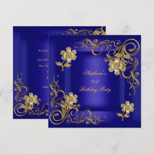 Invitation 21e Anniversaire de la fête Royal Blue Gold Diamon (Devant / Derrière)