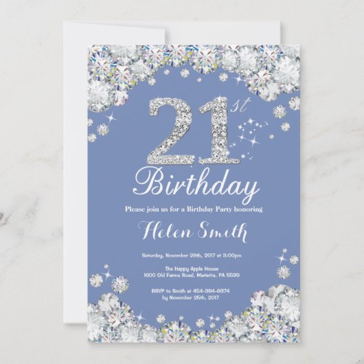 Invitation 21e anniversaire Diamant bleu et argent (Devant)