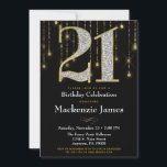 Invitation 21e anniversaire Diamants noirs d'or Ad<br><div class="desc">Une élégante invitation à la fête de 21e anniversaire en noir et or,  avec un grand 21 avec des diamants et l'apparence d'or ainsi qu'un rideau de cireur de lumières or. Pour le 21ème anniversaire homme ou femme dans votre vie.</div>